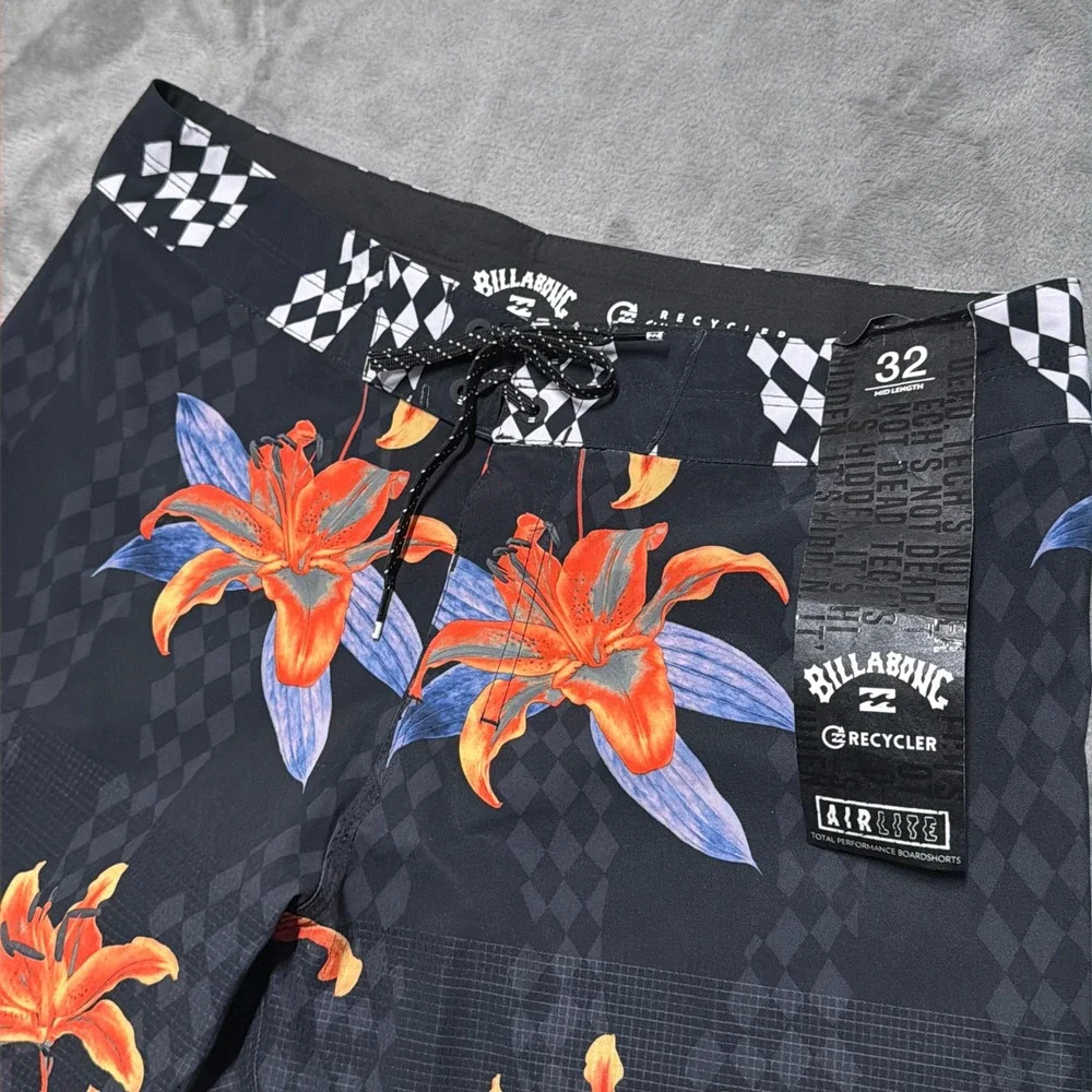 Billabong Airlite Boardshorts Mens 32 Black Floral Checker Swim Trunks Recycler